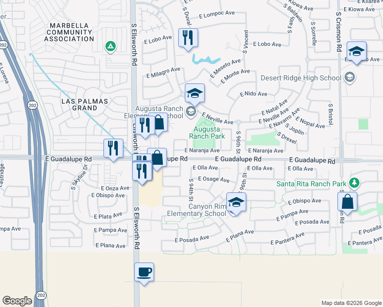 map of restaurants, bars, coffee shops, grocery stores, and more near 9402 East Olla Avenue in Mesa