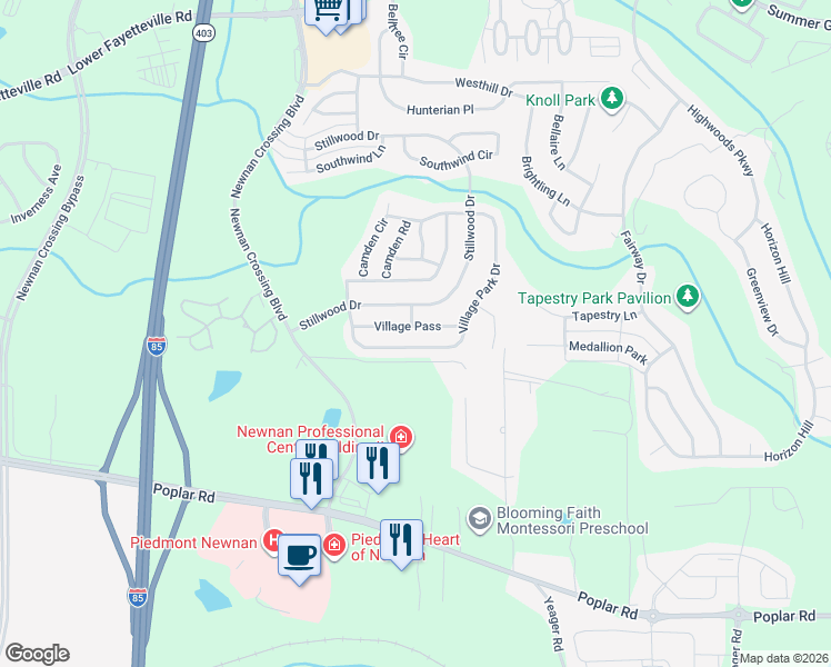 map of restaurants, bars, coffee shops, grocery stores, and more near 67 Village Park Drive in Newnan