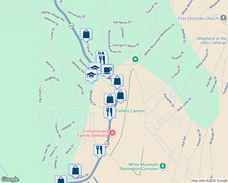 map of restaurants, bars, coffee shops, grocery stores, and more near 103-109 Bonanza Dr in Ruidoso