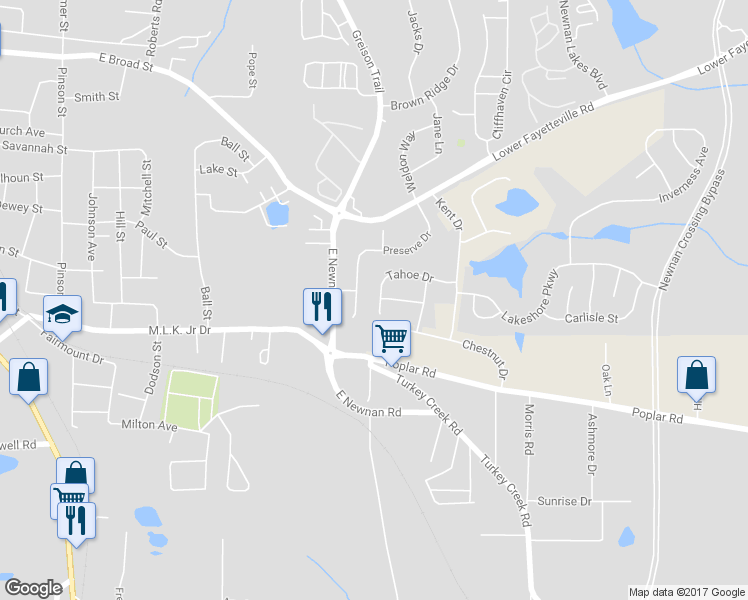 map of restaurants, bars, coffee shops, grocery stores, and more near 67 Tahoe Drive in Newnan