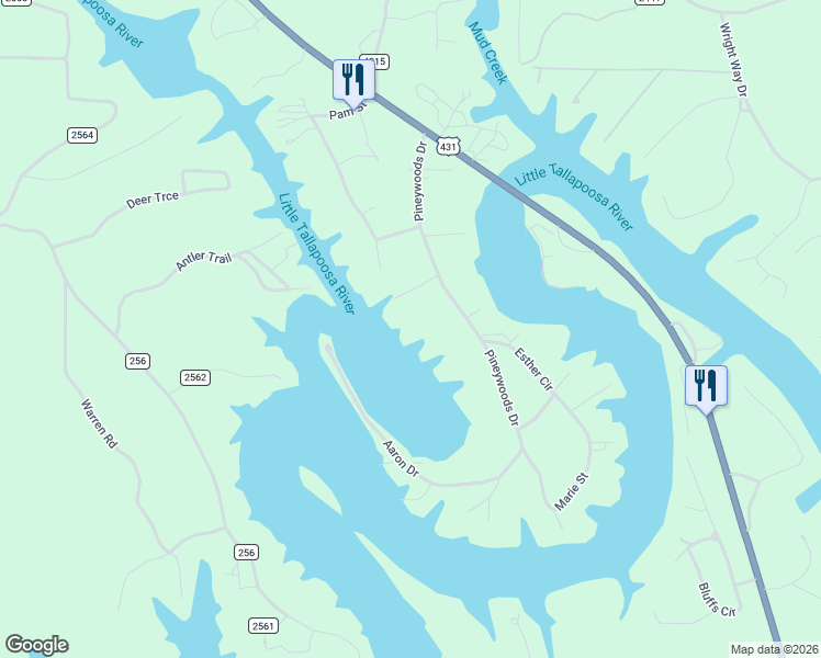 map of restaurants, bars, coffee shops, grocery stores, and more near 378 Pineywoods Drive in Wedowee