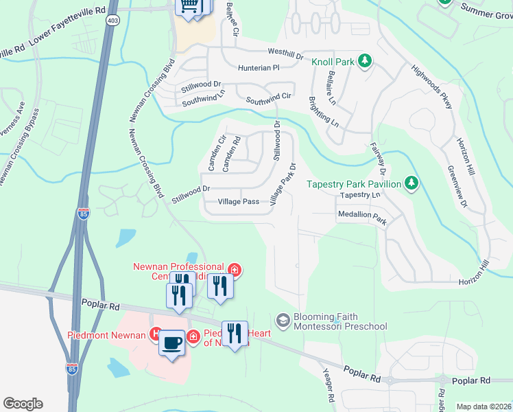 map of restaurants, bars, coffee shops, grocery stores, and more near 93 Village Park Drive in Newnan