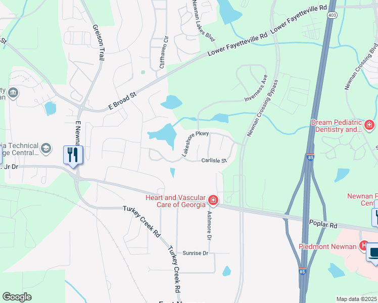 map of restaurants, bars, coffee shops, grocery stores, and more near 2 Keswick Court in Newnan