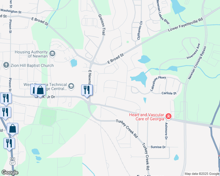 map of restaurants, bars, coffee shops, grocery stores, and more near Ontario Court in Newnan