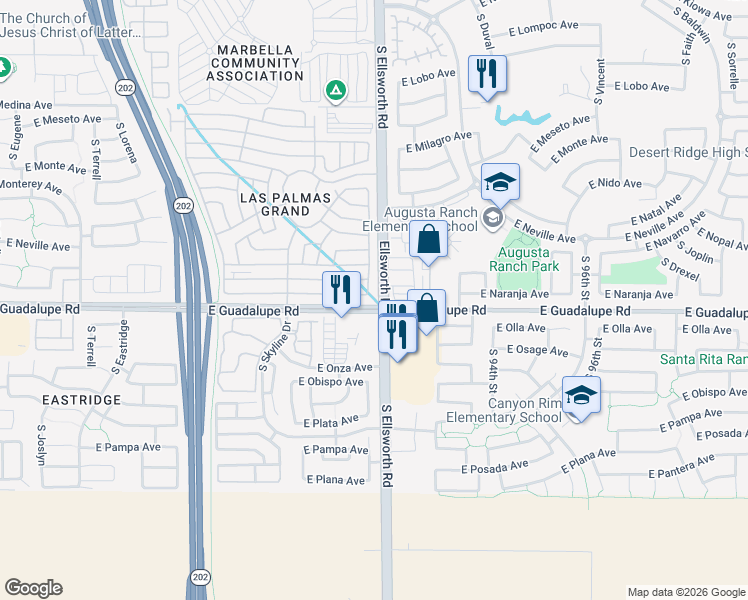 map of restaurants, bars, coffee shops, grocery stores, and more near 2690 South Ellsworth Road in Mesa