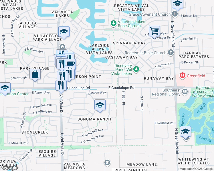 map of restaurants, bars, coffee shops, grocery stores, and more near 1955 East Guadalupe Road in Gilbert