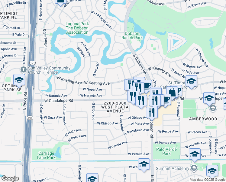 map of restaurants, bars, coffee shops, grocery stores, and more near 2245 West Naranja Avenue in Mesa