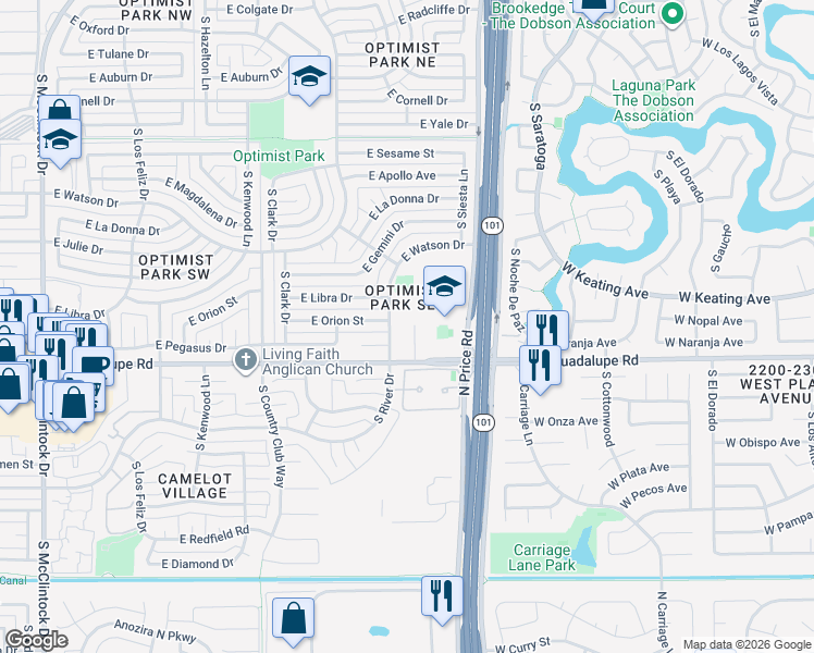 map of restaurants, bars, coffee shops, grocery stores, and more near 6352 Shannon Drive in Tempe