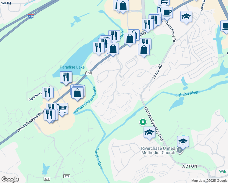 map of restaurants, bars, coffee shops, grocery stores, and more near 1305 Crowne Reserve Drive in Hoover
