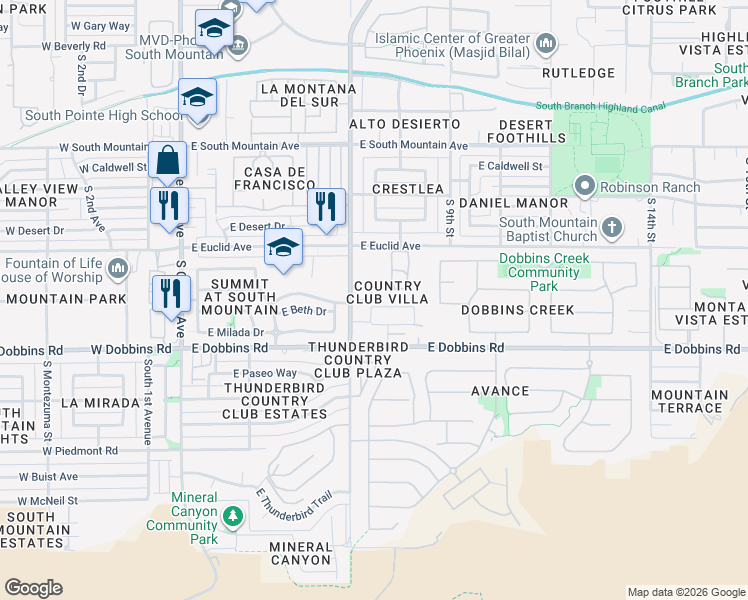 map of restaurants, bars, coffee shops, grocery stores, and more near 720 East Siesta Drive in Phoenix