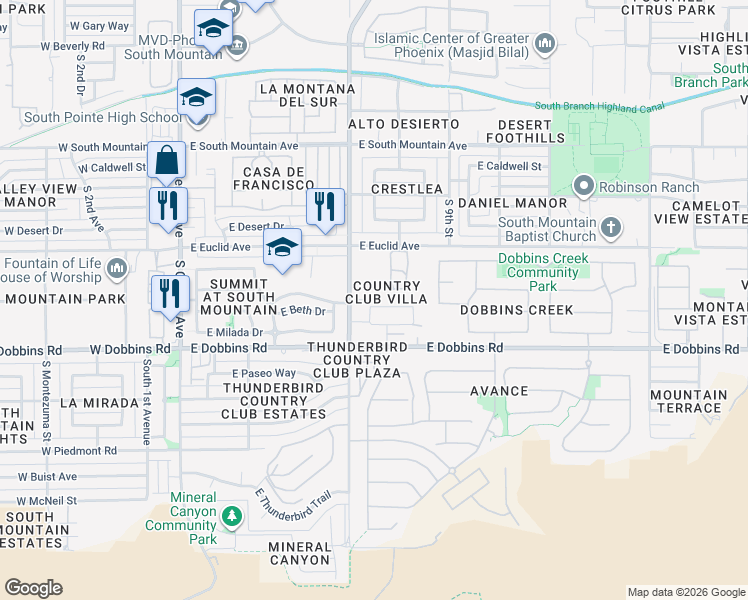 map of restaurants, bars, coffee shops, grocery stores, and more near 9025 South 7th Place in Phoenix