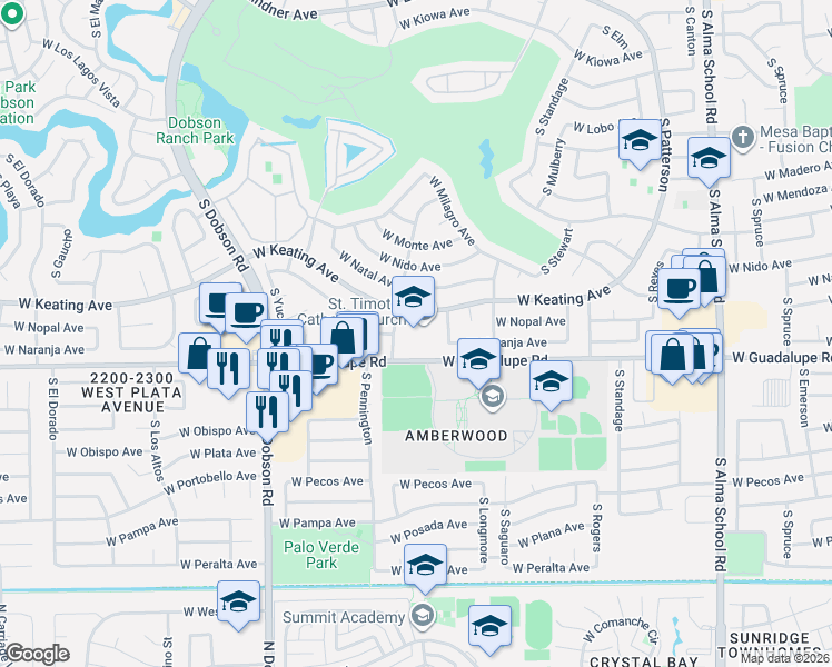 map of restaurants, bars, coffee shops, grocery stores, and more near 2762 South Pennington in Mesa