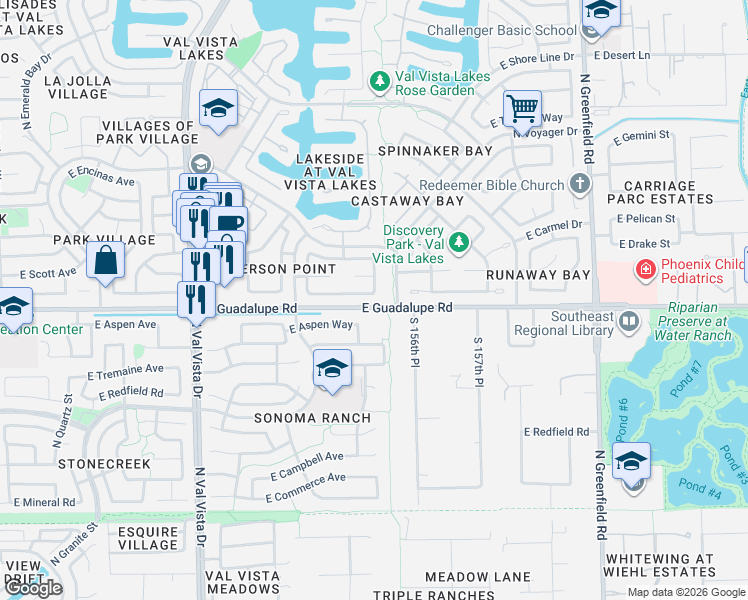 map of restaurants, bars, coffee shops, grocery stores, and more near 1955 East Guadalupe Road in Gilbert