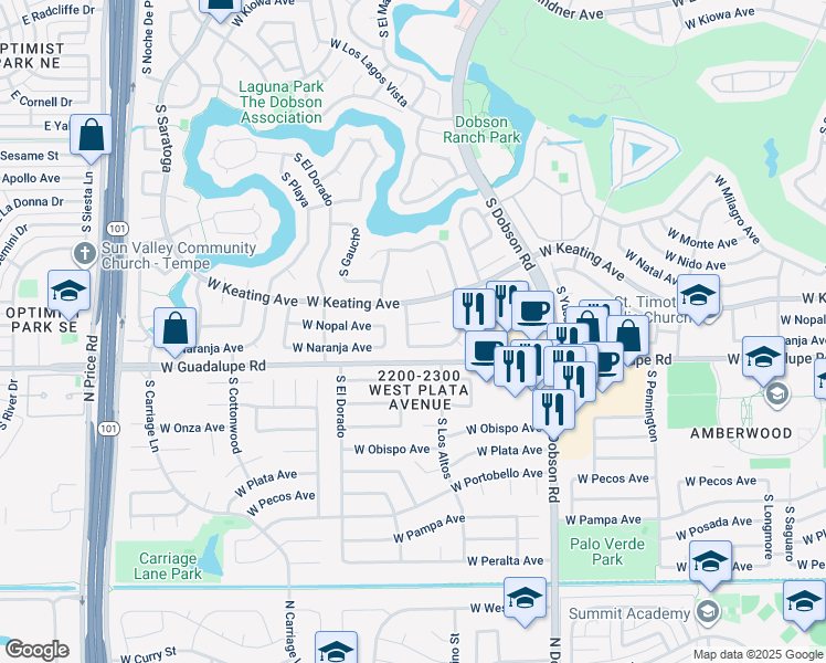 map of restaurants, bars, coffee shops, grocery stores, and more near 2245 West Naranja Avenue in Mesa