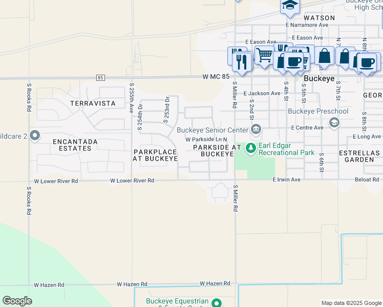map of restaurants, bars, coffee shops, grocery stores, and more near 25275 West Lamont Avenue in Buckeye