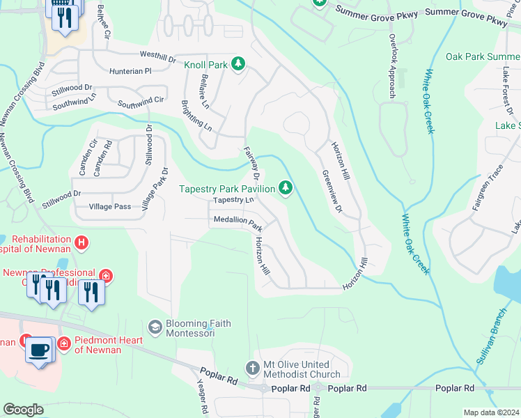 map of restaurants, bars, coffee shops, grocery stores, and more near 135 Fairway Drive in Newnan