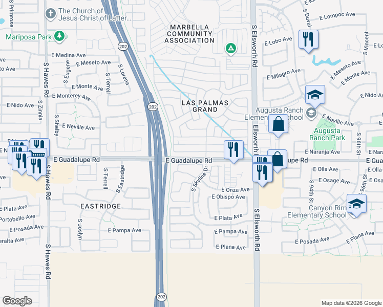 map of restaurants, bars, coffee shops, grocery stores, and more near 8915 East Guadalupe Road in Mesa