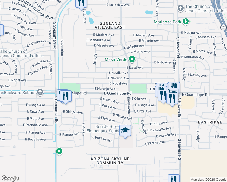 map of restaurants, bars, coffee shops, grocery stores, and more near 7934 East Osage Avenue in Mesa