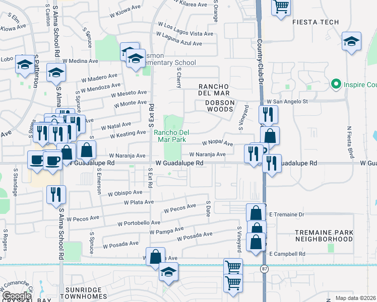 map of restaurants, bars, coffee shops, grocery stores, and more near 663 West Naranja Avenue in Mesa