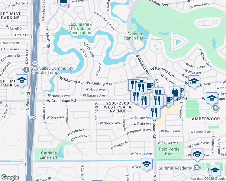 map of restaurants, bars, coffee shops, grocery stores, and more near 2245 West Naranja Avenue in Mesa