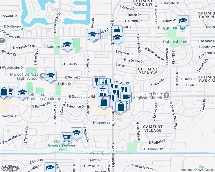 map of restaurants, bars, coffee shops, grocery stores, and more near 6350 South McClintock Drive in Tempe