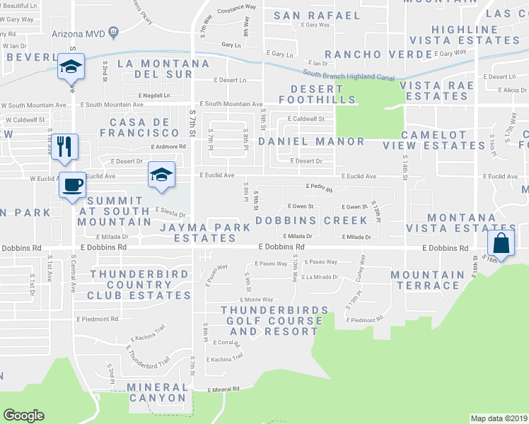 map of restaurants, bars, coffee shops, grocery stores, and more near 9000 South 9th Street in Phoenix