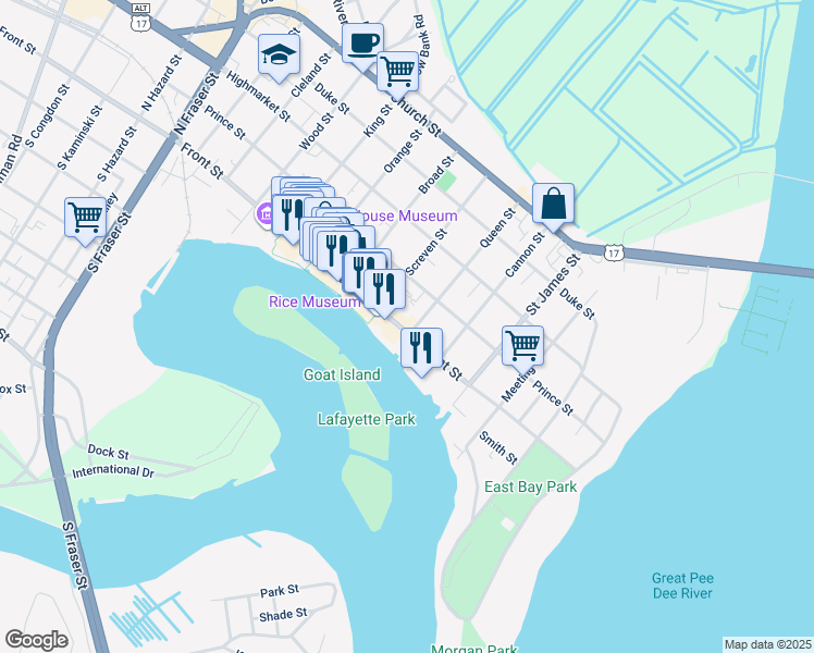 map of restaurants, bars, coffee shops, grocery stores, and more near 531 Front Street in Georgetown