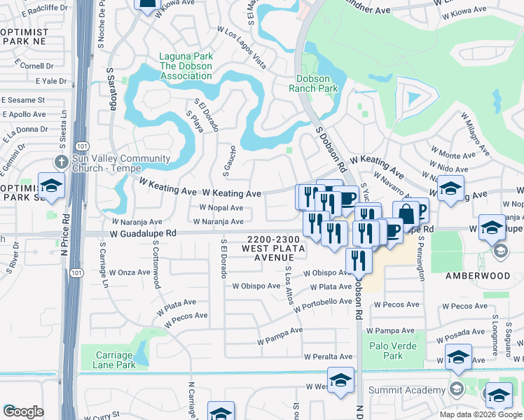 map of restaurants, bars, coffee shops, grocery stores, and more near 2245 West Naranja Avenue in Mesa