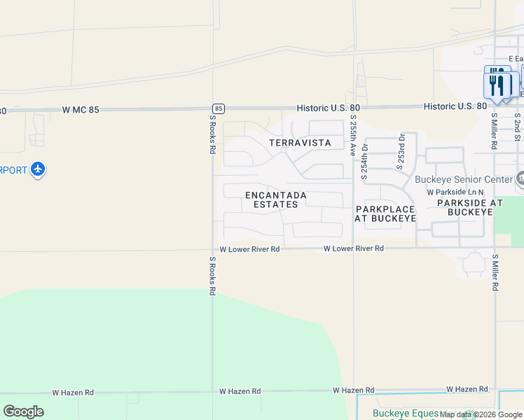 map of restaurants, bars, coffee shops, grocery stores, and more near 25753 West Siesta Way in Buckeye