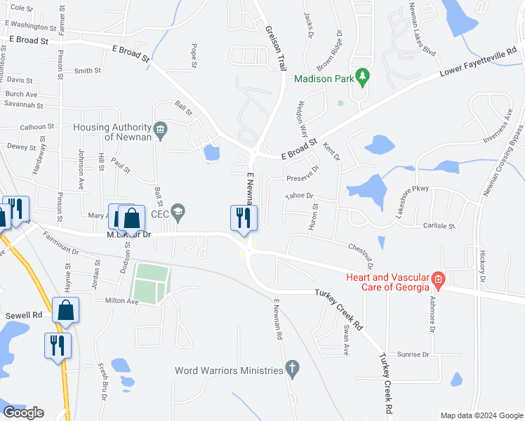 map of restaurants, bars, coffee shops, grocery stores, and more near 203 Preserve Drive in Newnan