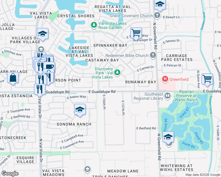 map of restaurants, bars, coffee shops, grocery stores, and more near 2120 East Guadalupe Road in Gilbert