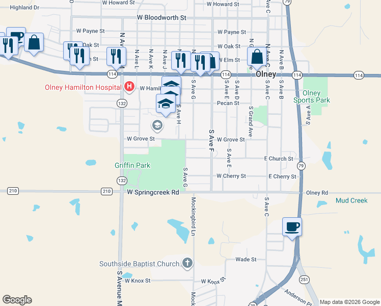 map of restaurants, bars, coffee shops, grocery stores, and more near 311 West Church Street in Olney