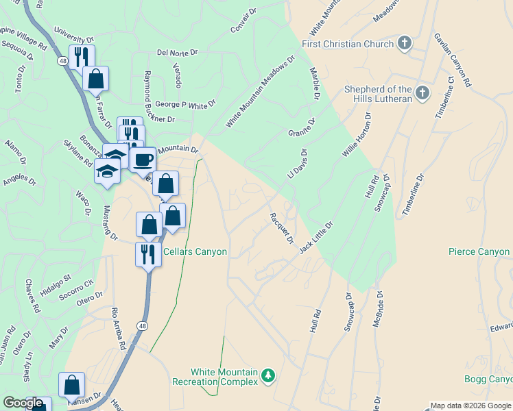 map of restaurants, bars, coffee shops, grocery stores, and more near 111 Ll Davis Drive in Ruidoso