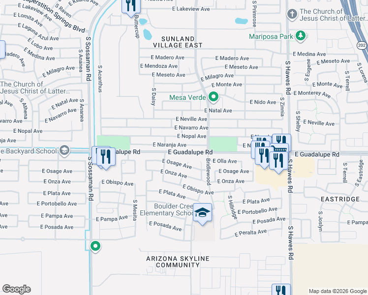 map of restaurants, bars, coffee shops, grocery stores, and more near 7934 East Osage Avenue in Mesa