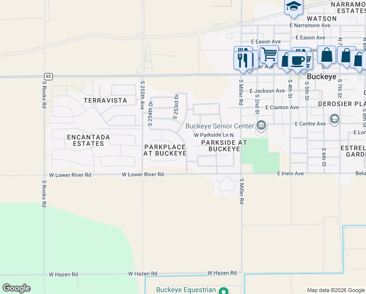 map of restaurants, bars, coffee shops, grocery stores, and more near 8976 South 253rd Avenue in Buckeye