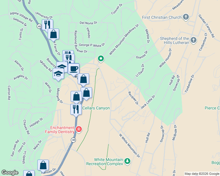 map of restaurants, bars, coffee shops, grocery stores, and more near 602 White Mountain Drive in Ruidoso