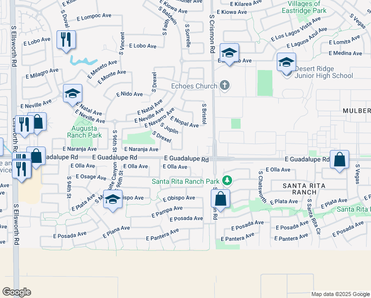 map of restaurants, bars, coffee shops, grocery stores, and more near 9914 East Guadalupe Road in Mesa