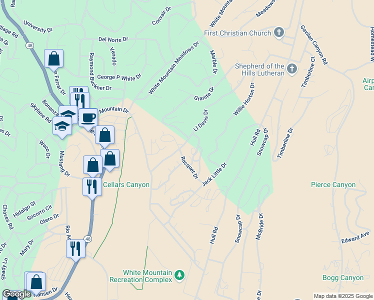 map of restaurants, bars, coffee shops, grocery stores, and more near 202 Racquet Drive in Ruidoso