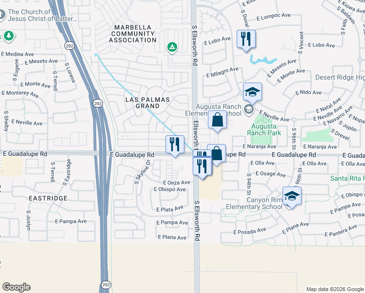 map of restaurants, bars, coffee shops, grocery stores, and more near 9151 E Guadalupe Rd in Mesa