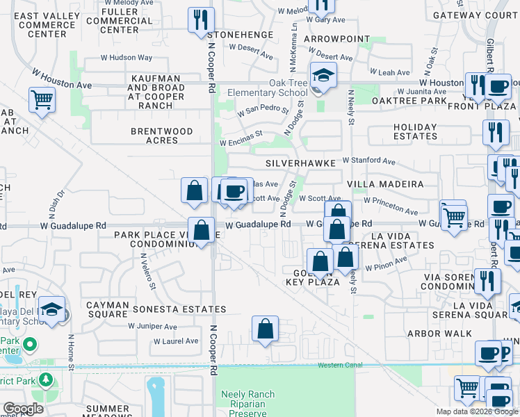 map of restaurants, bars, coffee shops, grocery stores, and more near 657 West Princeton Avenue in Gilbert