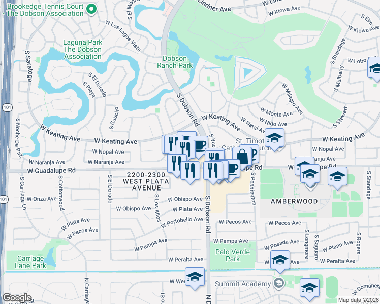 map of restaurants, bars, coffee shops, grocery stores, and more near 2010 West Guadalupe Road in Mesa