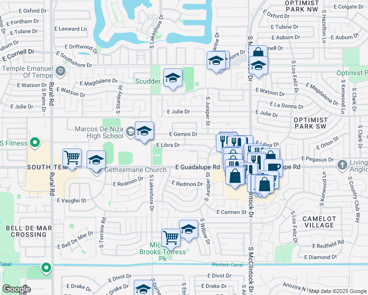 map of restaurants, bars, coffee shops, grocery stores, and more near lot 1402 East Guadalupe Road in Tempe