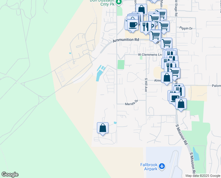 map of restaurants, bars, coffee shops, grocery stores, and more near 1455 Alturas Street in Fallbrook