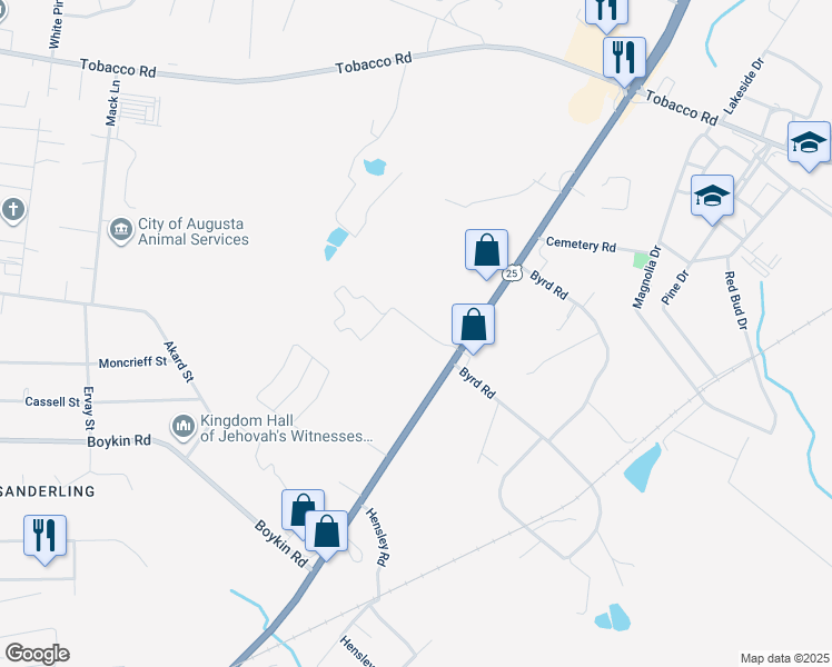 map of restaurants, bars, coffee shops, grocery stores, and more near 3703 Peach Orchard Road in Augusta
