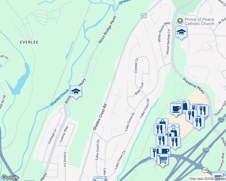 map of restaurants, bars, coffee shops, grocery stores, and more near 214 Odum Crest Lane in Birmingham