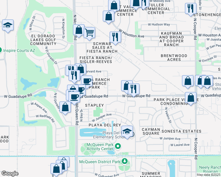 map of restaurants, bars, coffee shops, grocery stores, and more near 1320 West Guadalupe Road in Gilbert