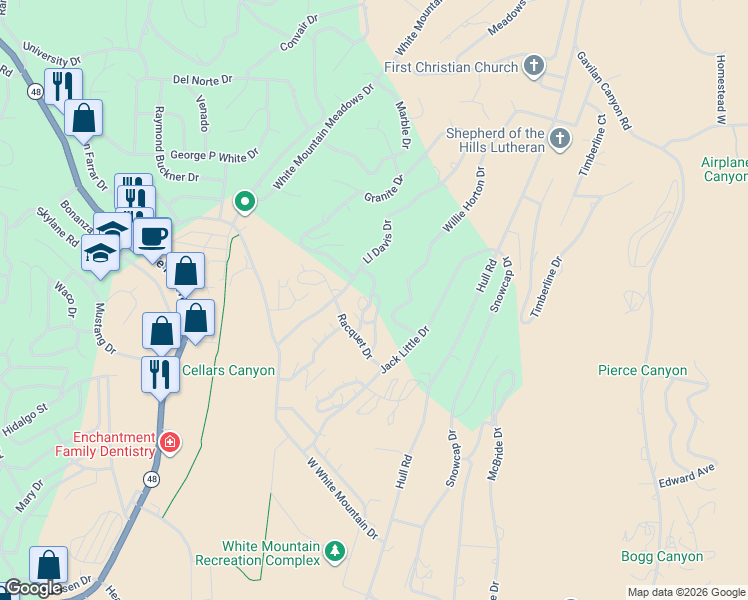 map of restaurants, bars, coffee shops, grocery stores, and more near 104 Racquet Place in Ruidoso