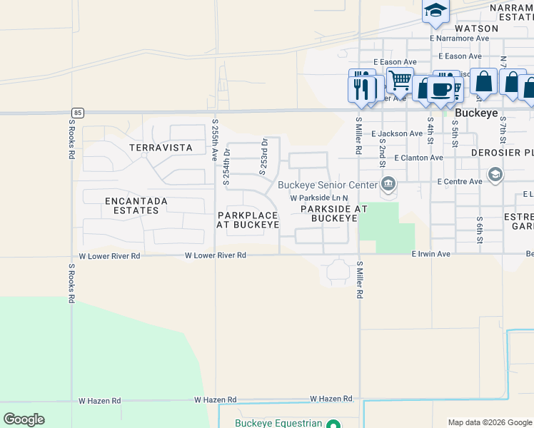 map of restaurants, bars, coffee shops, grocery stores, and more near 25362 West Mahoney Avenue in Buckeye