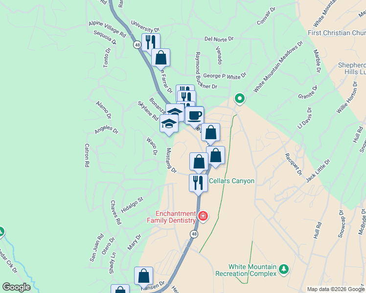 map of restaurants, bars, coffee shops, grocery stores, and more near 123 Queen Aire Court in Ruidoso