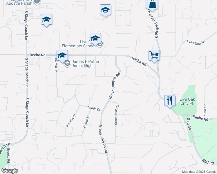 map of restaurants, bars, coffee shops, grocery stores, and more near 1507 Green Canyon Road in Fallbrook